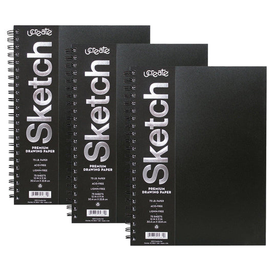 Poly Cover Sketch Book, Heavyweight, 12" x 9", 75 Sheets, Pack of 3 - Loomini
