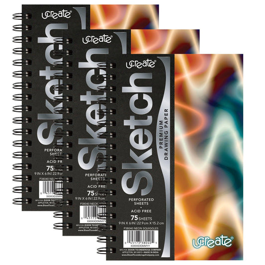 Poly Sketch Book, Neon Squiggles, 9" x 6", Pack of 3 - Loomini