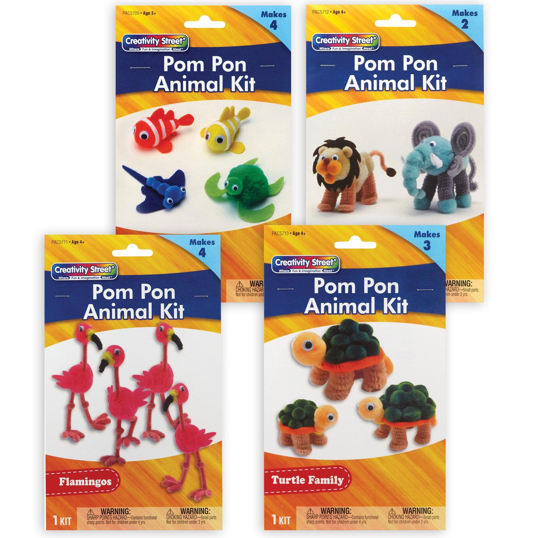 Pom Pon Animal Craft Kits, Ocean, Turtle, Flamingos, Lion & Elephant, 4 Kits - Loomini