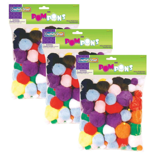 Pom Pons, Bright Hues, Assorted Sizes, 100 Pieces Per Pack, 3 Packs - Loomini