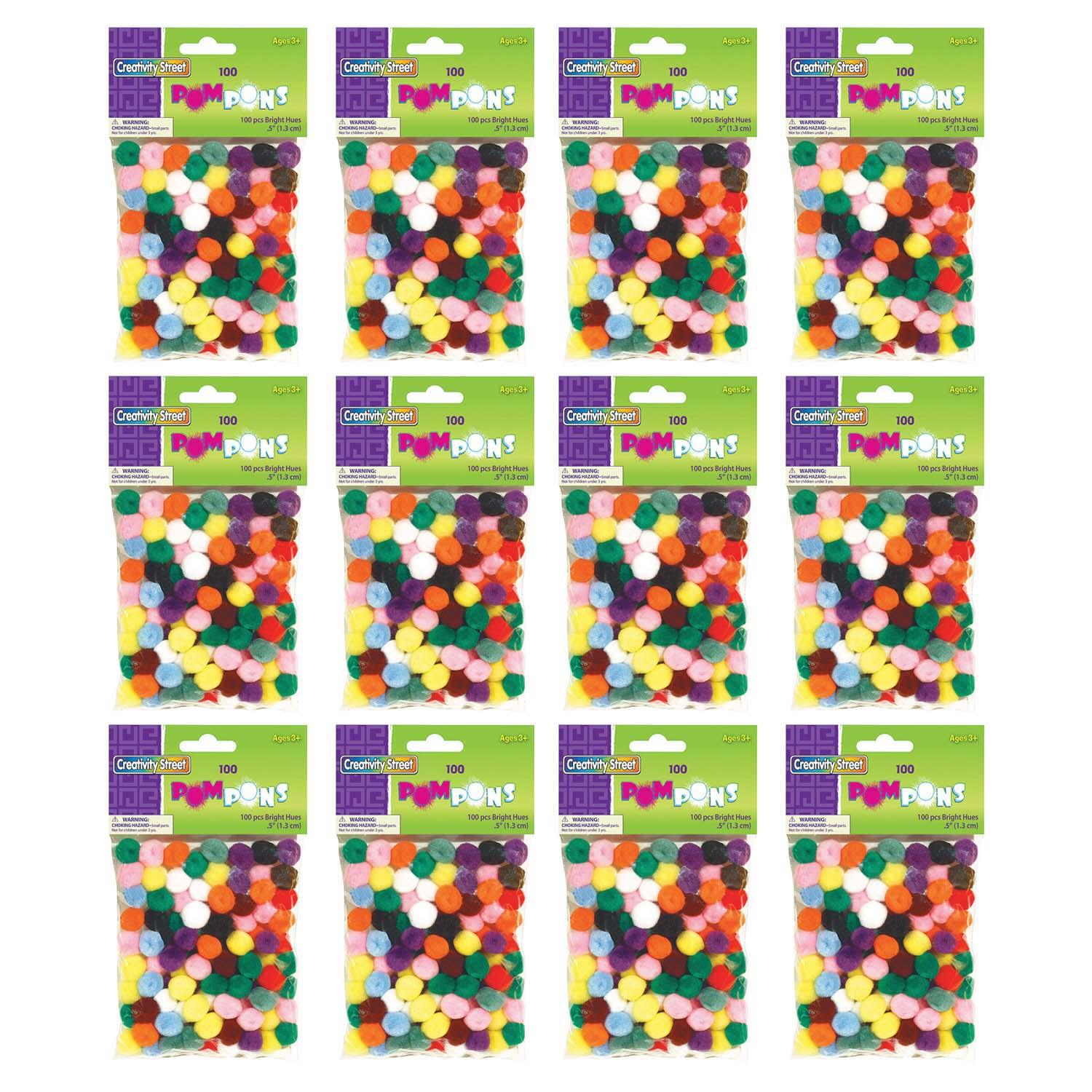 Pom Pons, Bright Hues Assortment, 0.5", 100 Pieces Per Pack, 12 Packs - Loomini