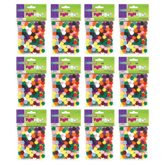 Pom Pons, Bright Hues Assortment, 0.5", 100 Pieces Per Pack, 12 Packs - Loomini