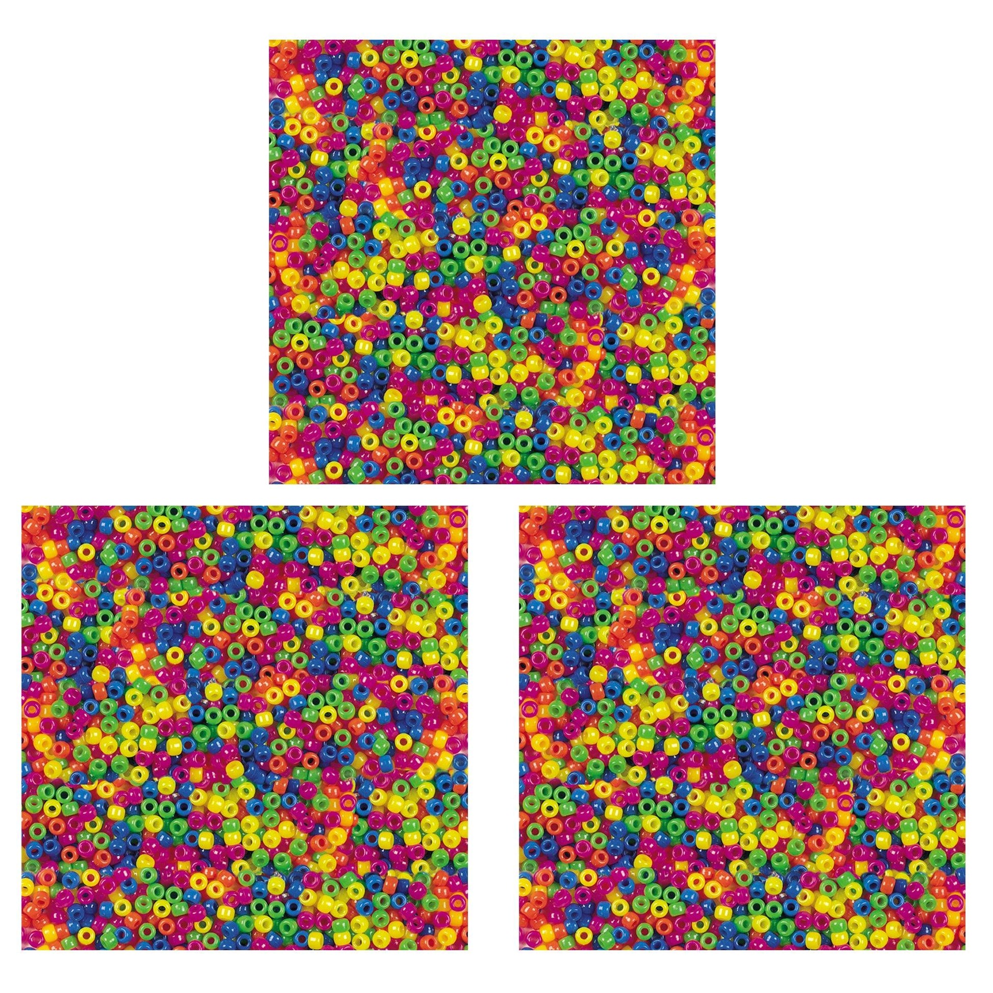 Pony Beads, Assorted Neon, 6 mm x 9 mm, 1000 Per Pack, 3 Packs - Loomini