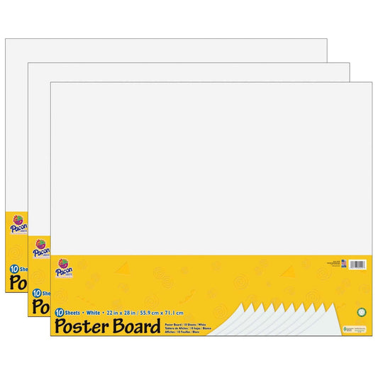 Poster Board, White, 22" x 28", 10 Sheets Per Pack, 3 Packs - Loomini