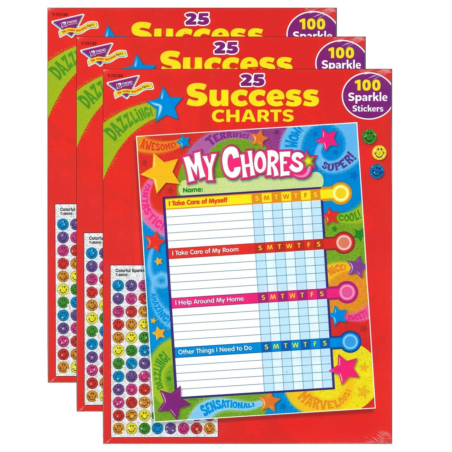 Praise Words 'n Stars Chore Charts, 25 Sheets Per Pad, Pack of 3 - Loomini