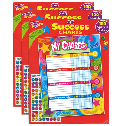 Praise Words 'n Stars Chore Charts, 25 Sheets Per Pad, Pack of 3 - Loomini