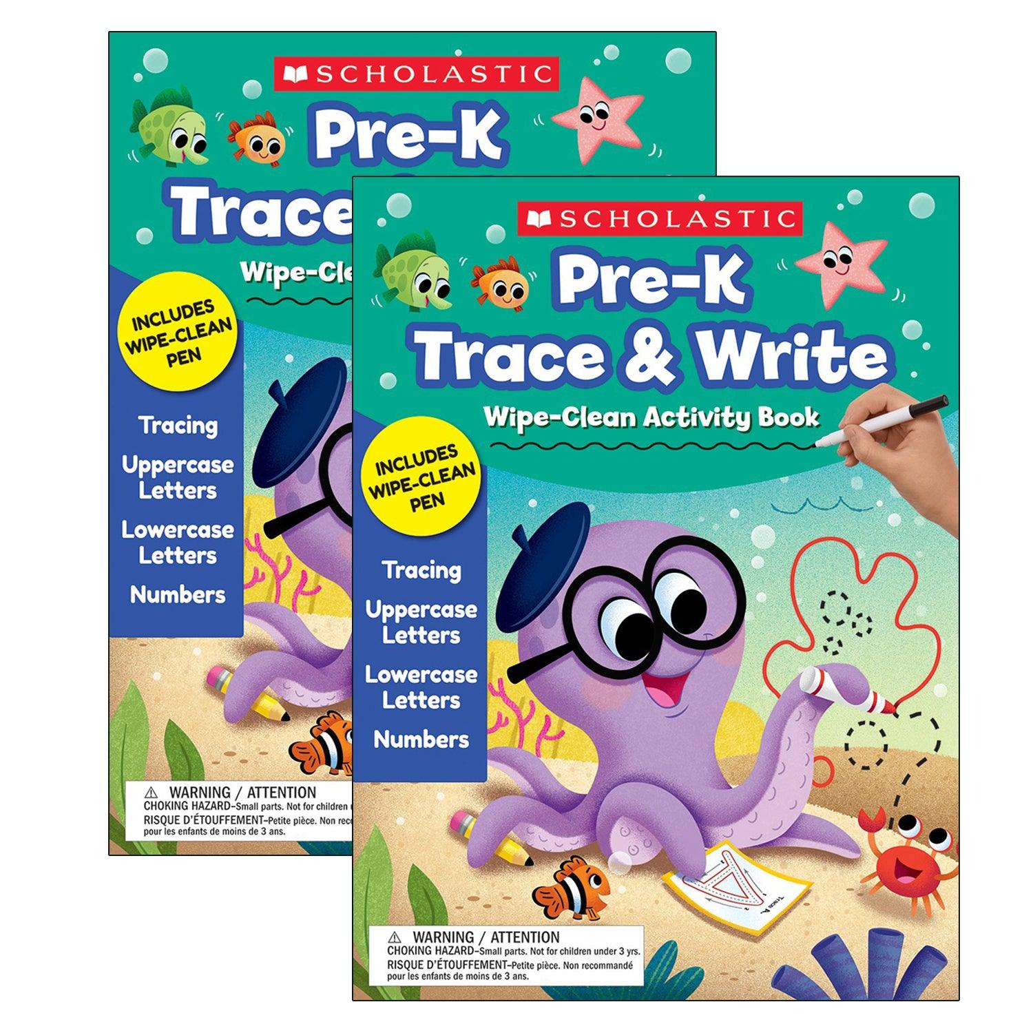 Pre-K Trace & Write Wipe-Clean Activity Book with Pen, Pack of 2 - Loomini