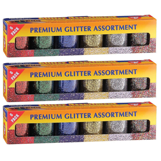 Premium Glitter Assortment, 6 Colors Per Pack, 3 Packs - Loomini