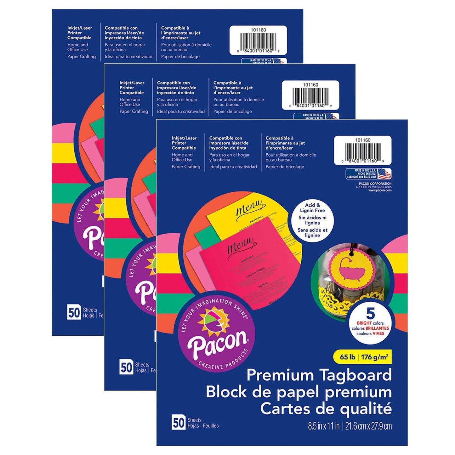 Premium Tagboard, 5 Assorted Bright Colors, 8-1/2" x 11", 50 Sheets Per Pack, 3 Packs - Loomini