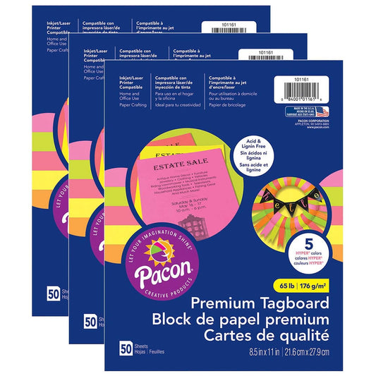 Premium Tagboard, 5 Assorted Hyper Colors, 8-1/2" x 11", 50 Sheets Per Pack, 3 Packs - Loomini