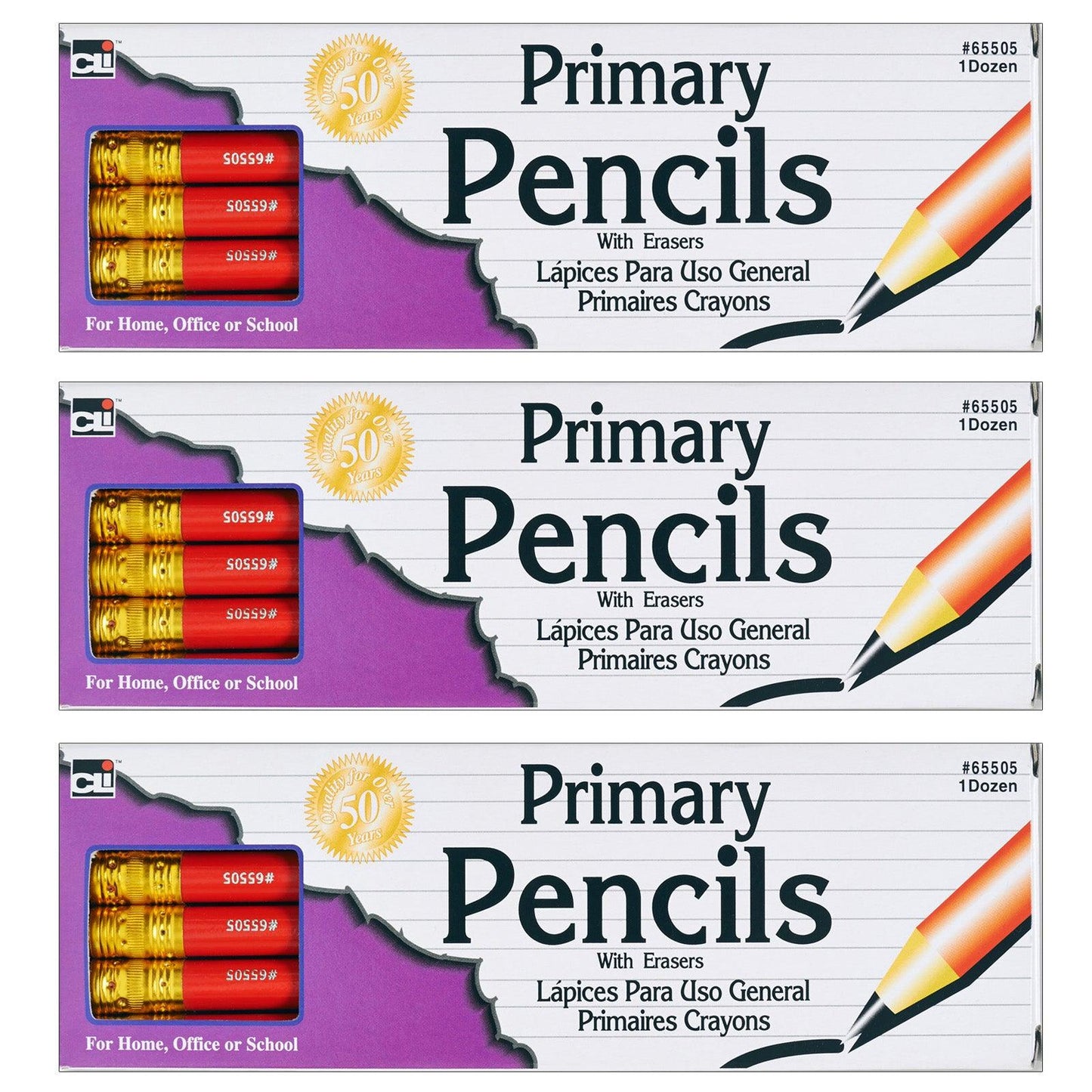 Primary Pencil, 0.41", Red with Eraser, 12 Per Box, 3 Boxes - Loomini