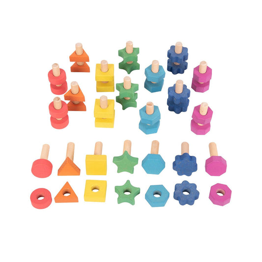 Rainbow Wooden Nuts & Bolts - Set of 21 Pairs - 7 Shapes and Colors - For Ages 12m+ - Loose Parts Wooden Toys for Toddlers and Preschoolers - Loomini