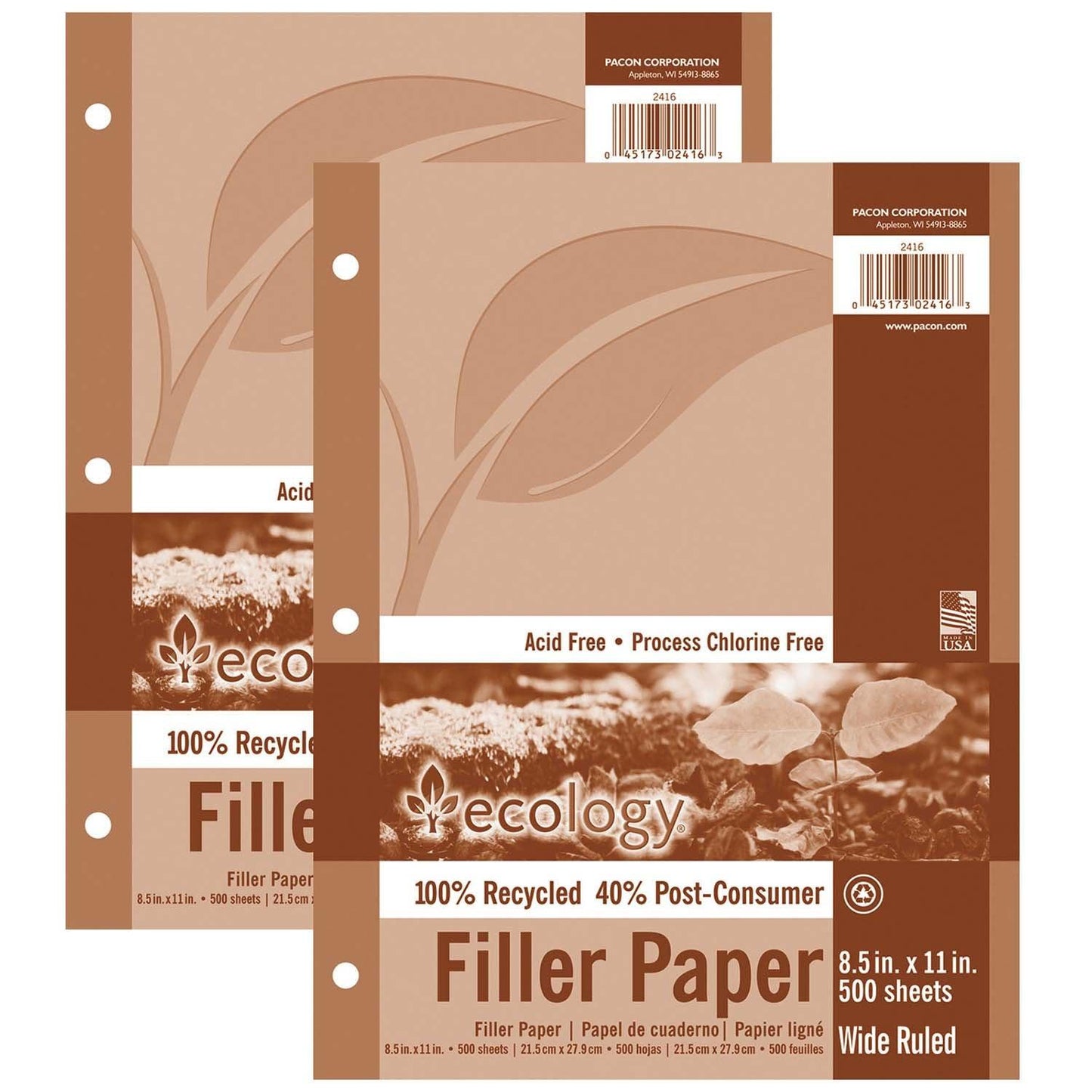 Recycled Filler Paper, White, 3-Hole Punched, 3/8" Ruled w/ Margin 8-1/2" x 11", 500 Sheets Per Pack, 2 Packs - Loomini