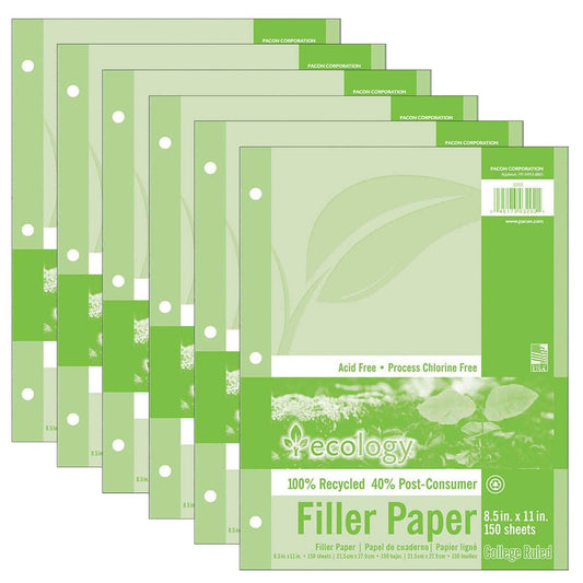 Recycled Filler Paper, White, 3-Hole Punched, 9/32" Ruled w/ Margin 8-1/2" x 11", 150 Sheets Per Pack, 6 Packs - Loomini