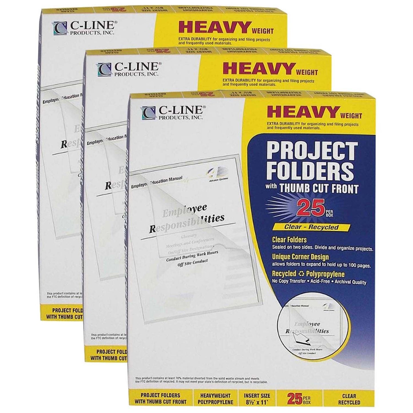 Recycled Poly Project Folders, Clear, Reduced Glare, 11" x 8-1/2", 25 Per Box, 3 Boxes - Loomini