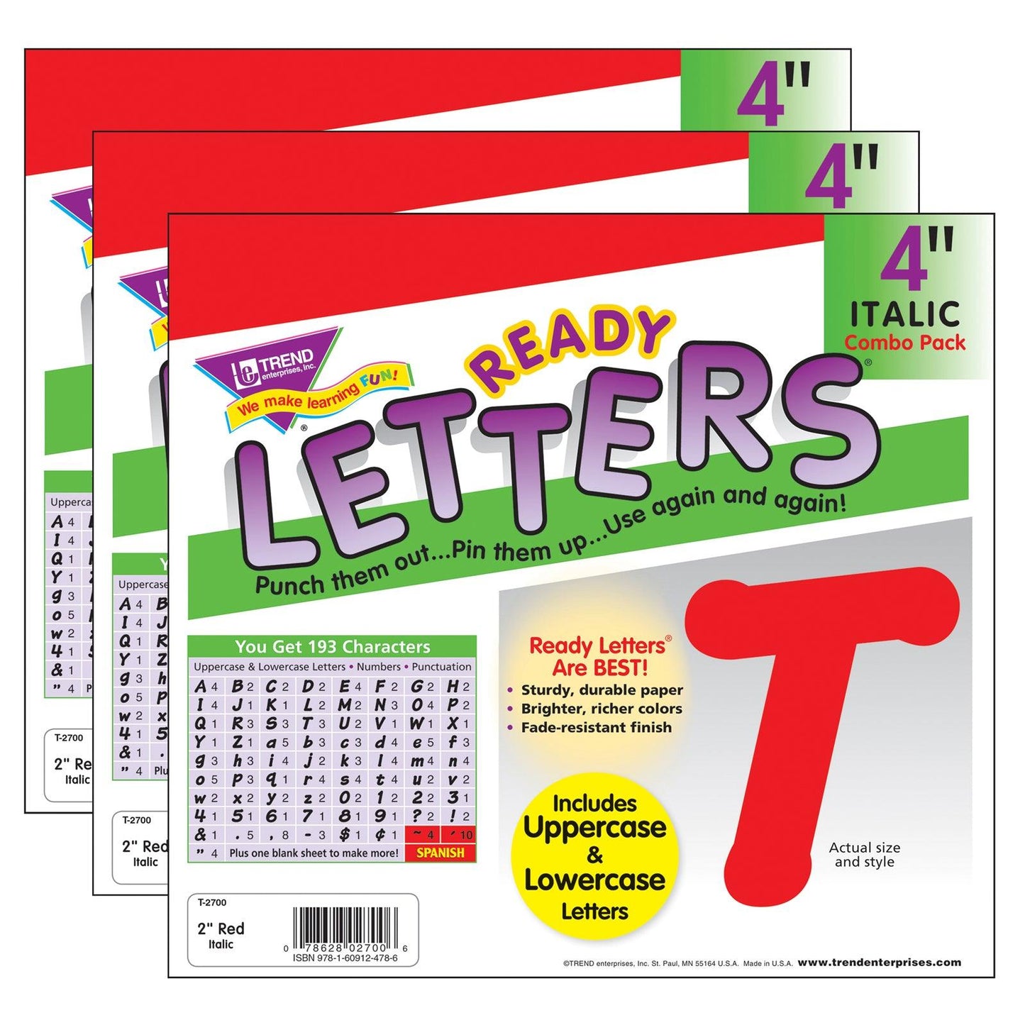 Red 4" Italic Combo Ready Letters®, 193 Per Pack, 3 Packs - Loomini