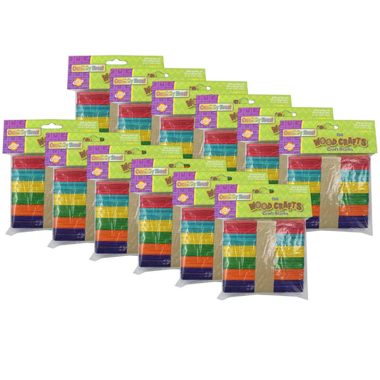 Regular Craft Sticks, Bright Hues Assorted, 4 1/2" x 3/8" x 2mm, 150 Per Pack, 12 Packs - Loomini