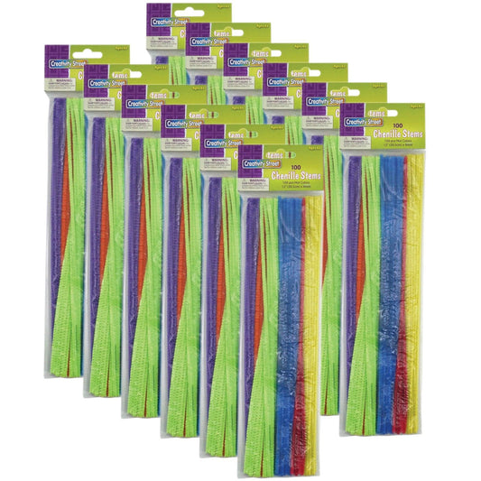 Regular Stems, Assorted Hot Colors, 12" x 4 mm, 100 Per Pack, 12 Packs - Loomini