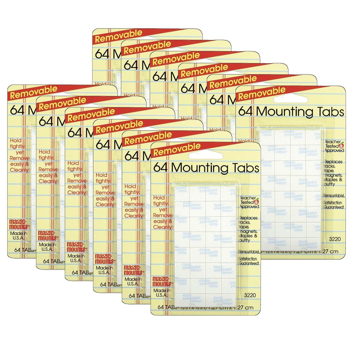 Removable Mounting Tabs, 1/2" x 1/2", 64 Per Pack, 12 Packs - Loomini