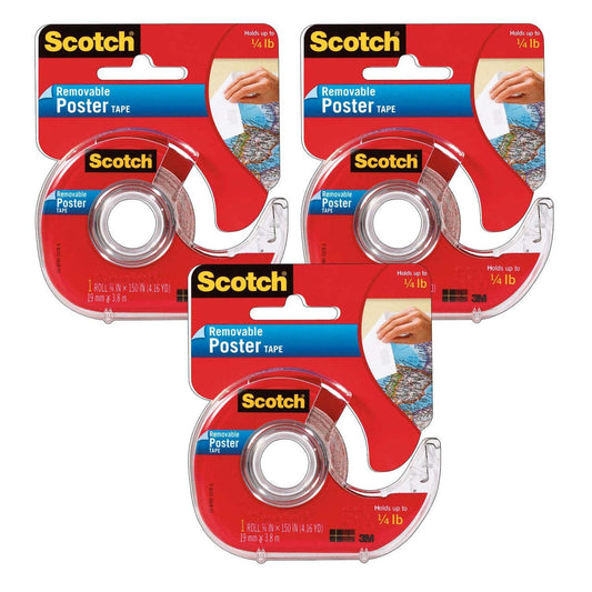 Removable Poster Tape with Dispenser, 3/4" x 150", Clear, Pack of 3 - Loomini