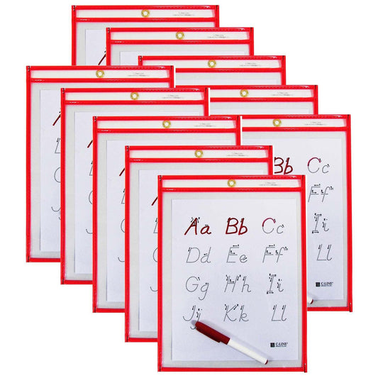 Reusable Dry Erase Pocket - Study Aid, Neon Red, 9" x 12", Pack of 10 - Loomini