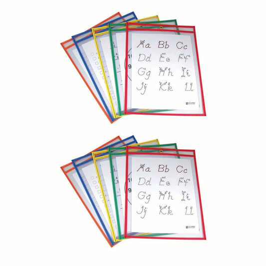 Reusable Dry Erase Pockets, Primary Colors, 9" x 12", 5 Per Pack, 2 Packs - Loomini