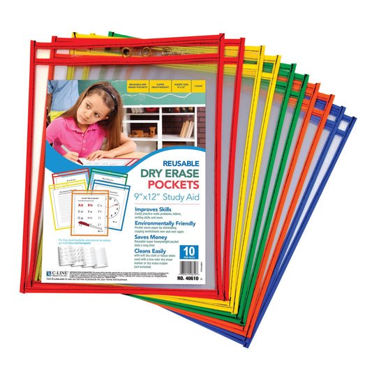 Reusable Dry Erase Pockets, Primary Colors, 9 x 12, Pack of 10 - Loomini