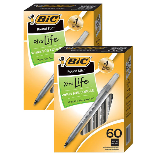 Round Stic® Xtra Life Ball Pen, Black, 60 Per Pack, 2 Packs - Loomini
