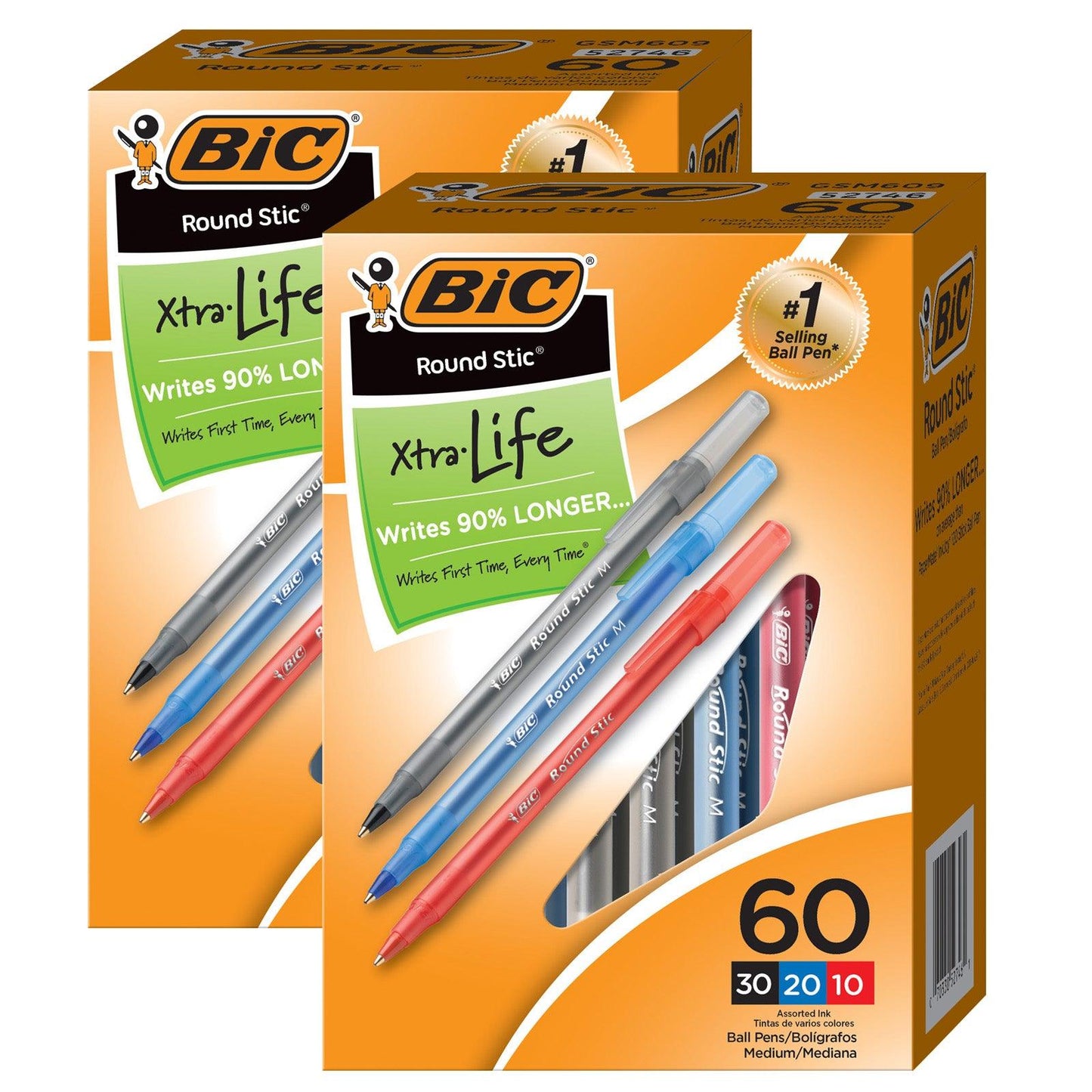 Round Stic® Xtra Life Ballpoint Pen, Medium Point (1.0mm), Assorted, 60 Per Box, 2 Boxes - Loomini