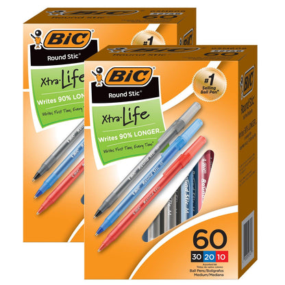 Round Stic® Xtra Life Ballpoint Pen, Medium Point (1.0mm), Assorted, 60 Per Box, 2 Boxes - Loomini