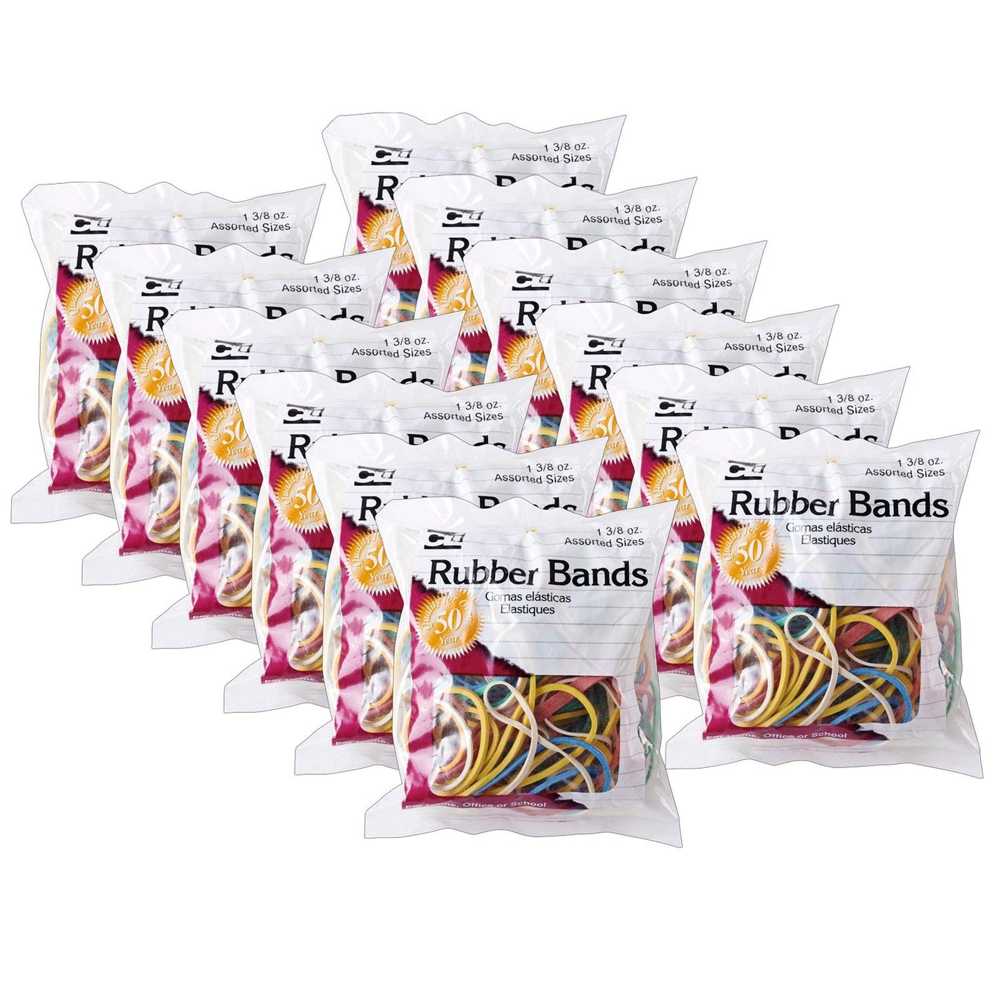 Rubber Bands, Assorted Colors, 1-3/8oz Bag, 12 Bags - Loomini