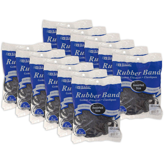 Rubber Bands, Assorted Sizes, Black, 2 oz./56.70 g Per Pack, 12 Packs - Loomini