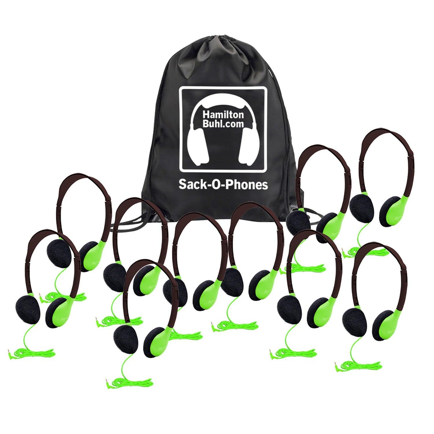 Sack-O-Phones, 10 Personal Headphones in a Carry Bag, Green - Loomini