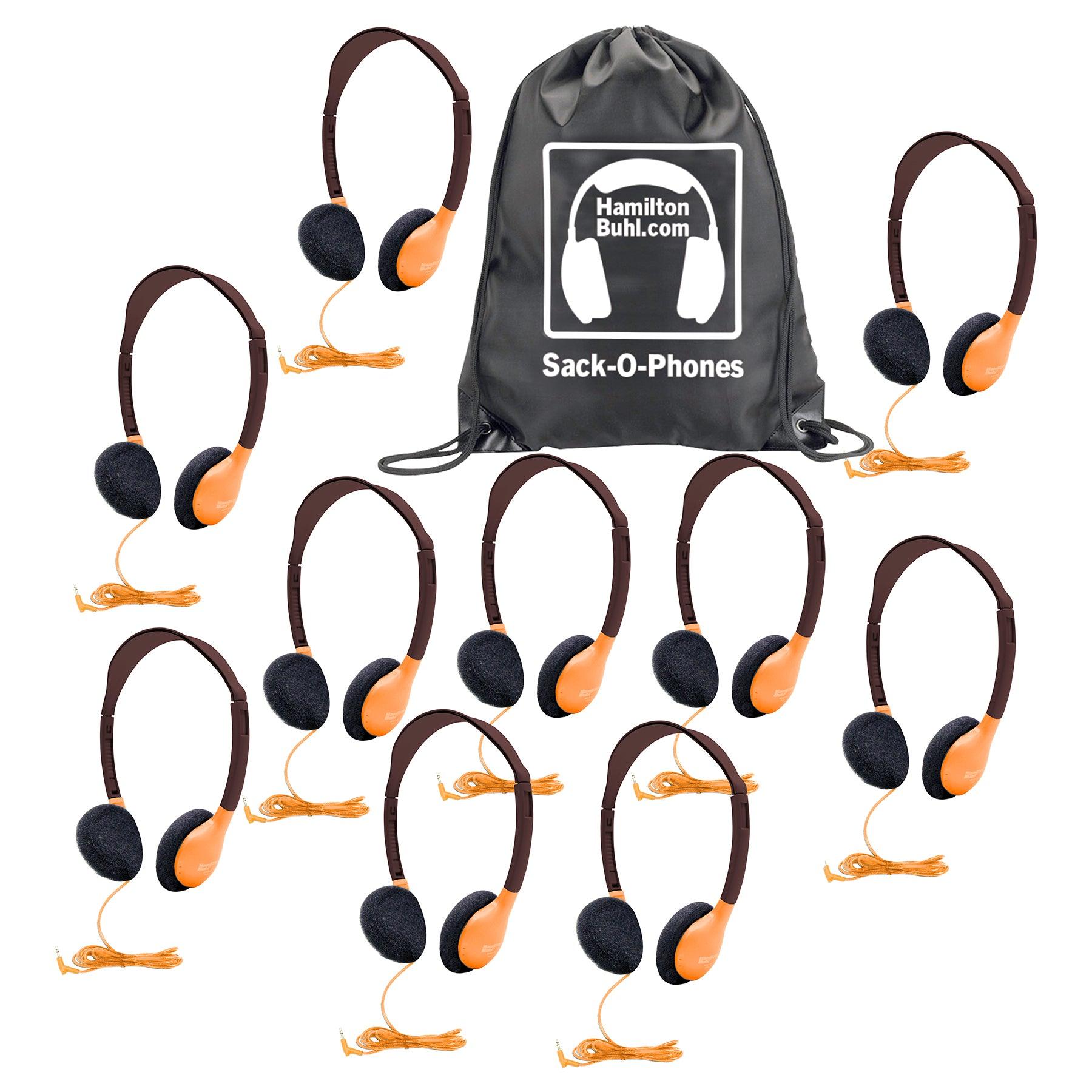 Sack-O-Phones, 10 Personal Headphones in a Carry Bag, Orange - Loomini