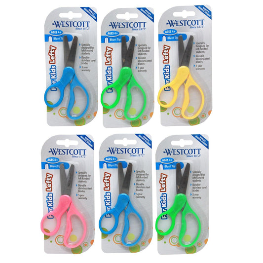 School Kumfy Grip Left-Handed Kids Scissors, 5" Blunt, Assorted Colors, Pack of 6 - Loomini