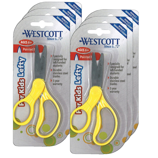 School Left-Handed Kids Scissors, Assorted Colors, 5" Pointed, Pack of 6 - Loomini