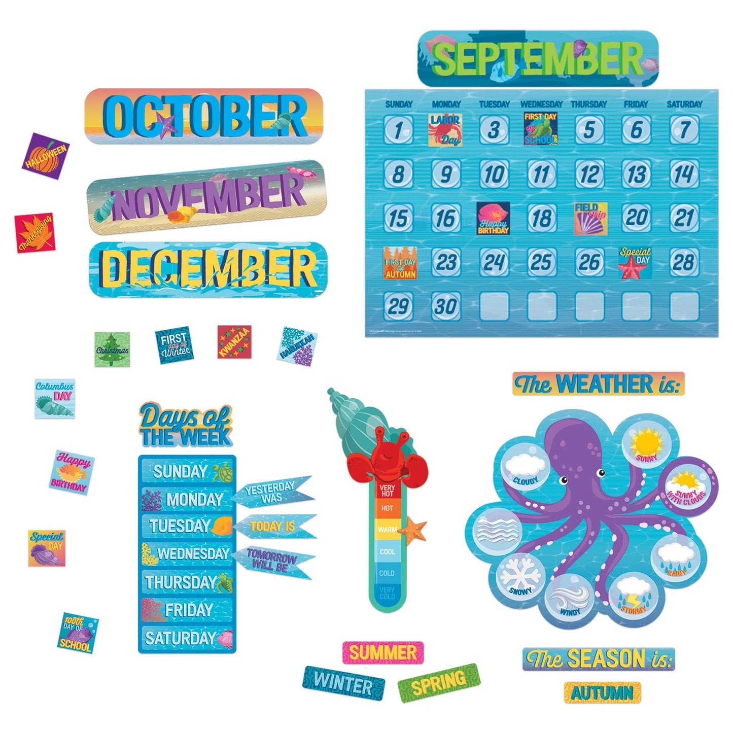 Seas the Day Calendar Bulletin Board Set, 98 Pieces - Loomini