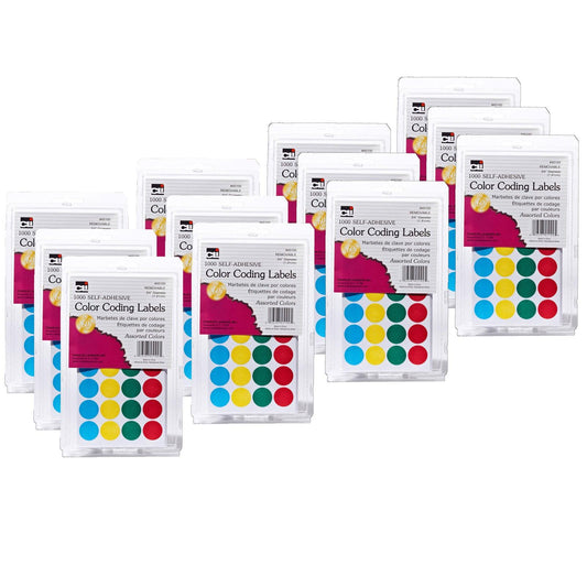Self-Adhesive Color-Coding Labels, Assorted Colors, 1000 Per Pack, 12 Packs - Loomini
