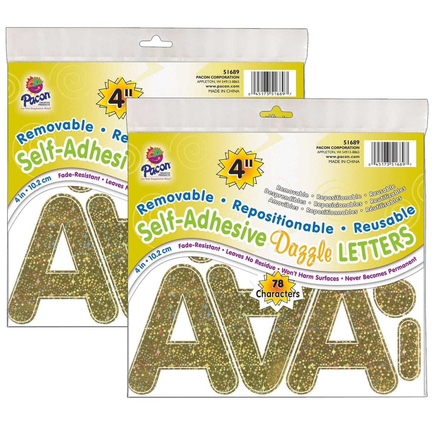 Self-Adhesive Letters, Gold Dazzle, Puffy Font, 4", 78 Per Pack, 2 Packs - Loomini