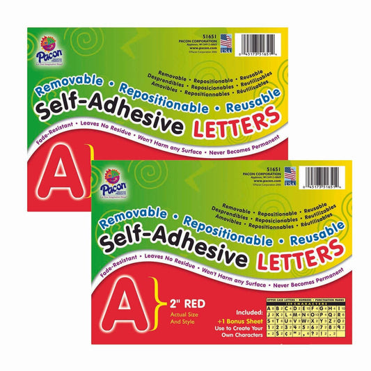 Self-Adhesive Letters, Red, Puffy Font, 2", 159 Characters Per Pack, 2 Packs - Loomini