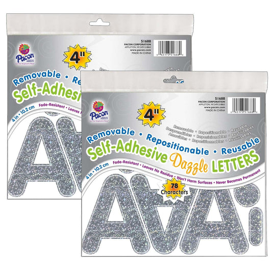 Self-Adhesive Letters, Silver Dazzle, Puffy Font, 4", 78 Per Pack, 2 Packs - Loomini