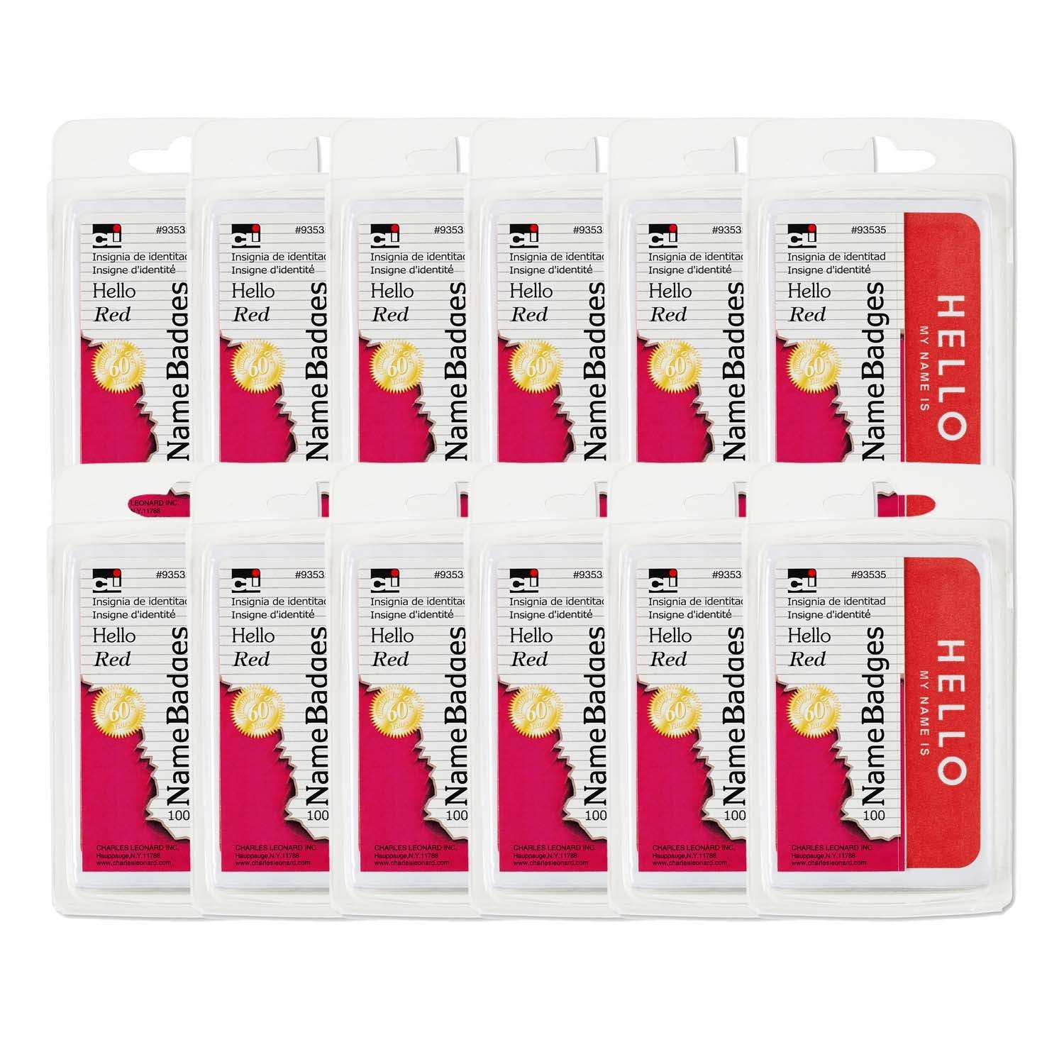 Self-Adhesive Name Badges, Hello, Red, 100 Per Pack, 12 Packs - Loomini