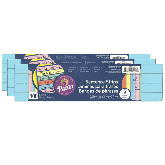 Sentence Strips, 5 Assorted Colors, 1-1/2" Ruled, 3" x 24", 100 Strips Per Pack, 3 Packs - Loomini
