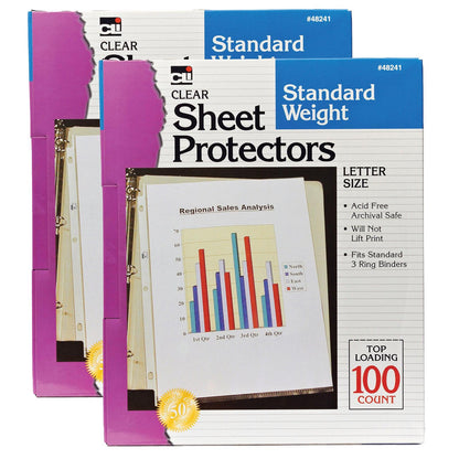 Sheet Protectors, Clear, Standard Weight, Letter Size, 100 Per Box, 2 Boxes - Loomini