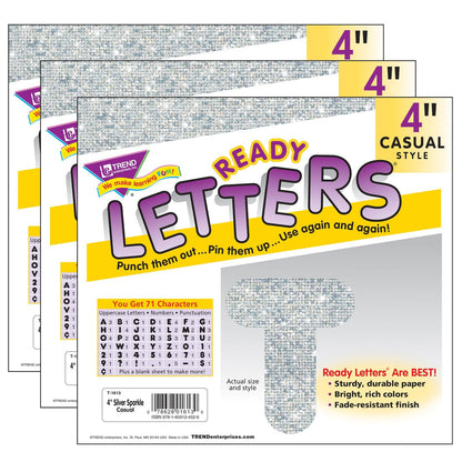 Silver Sparkle 4" Casual Uppercase Ready Letters®, 71 Per Pack, 3 Packs - Loomini