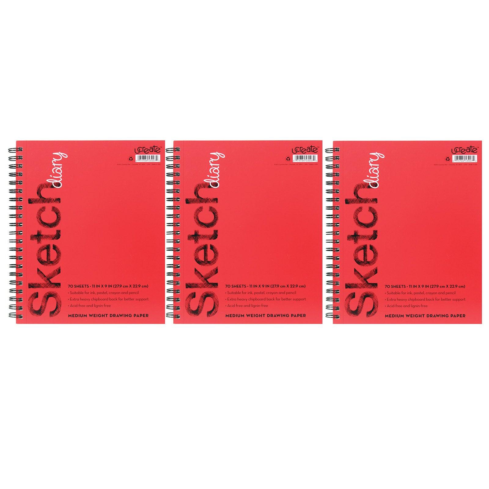 Sketch Diary, Medium Weight, 11" x 9", 70 Sheets, Pack of 3 - Loomini