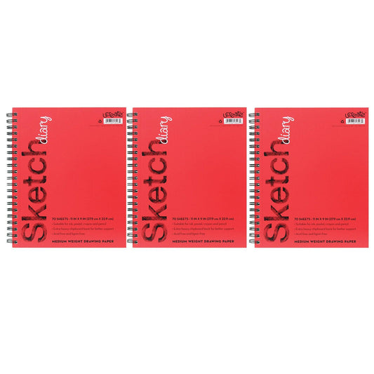 Sketch Diary, Medium Weight, 11" x 9", 70 Sheets, Pack of 3 - Loomini