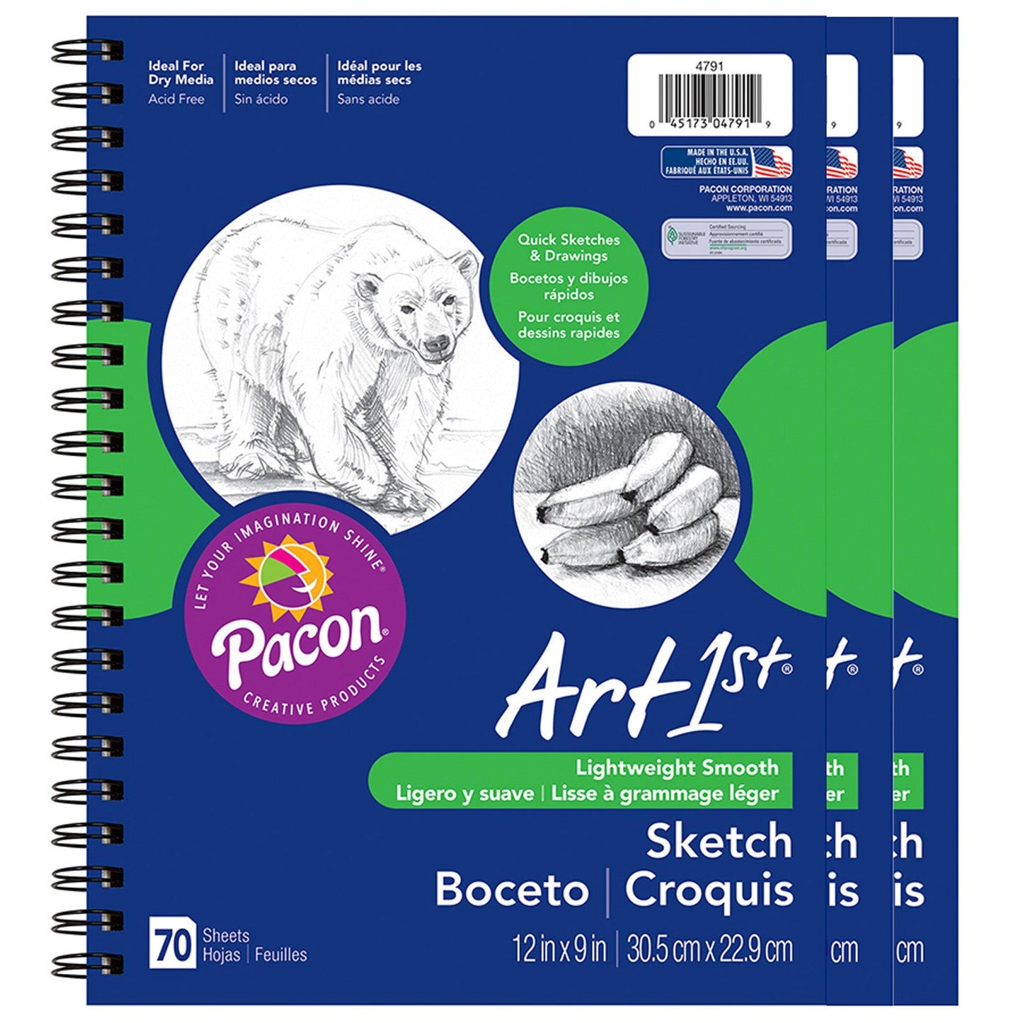 Sketch Diary, Standard Weight, 12" x 9", 70 Sheets, Pack of 3 - Loomini