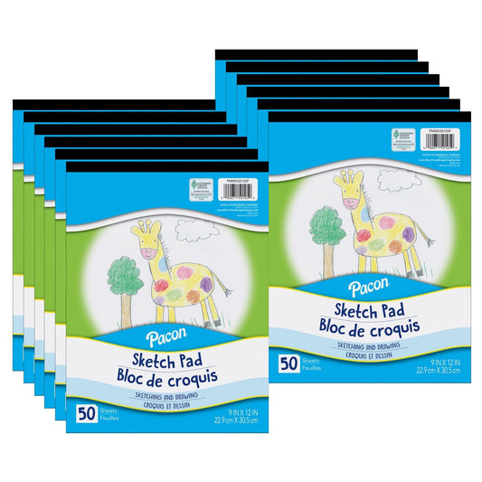 Sketch Pad, White, 9" x 12", 50 Sheets, Pack of 12 - Loomini