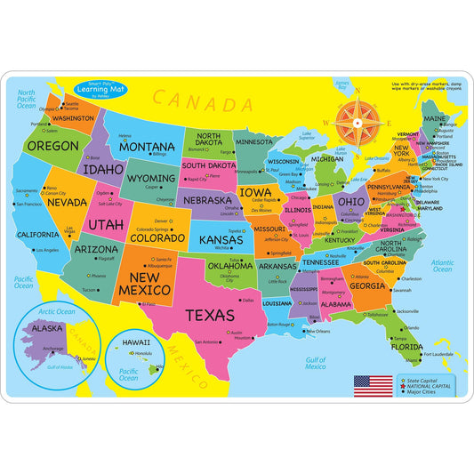 Smart Poly™ Learning Mats, 12" x 17", Double-Sided, U.S. Basic Map, Pack of 10 - Loomini